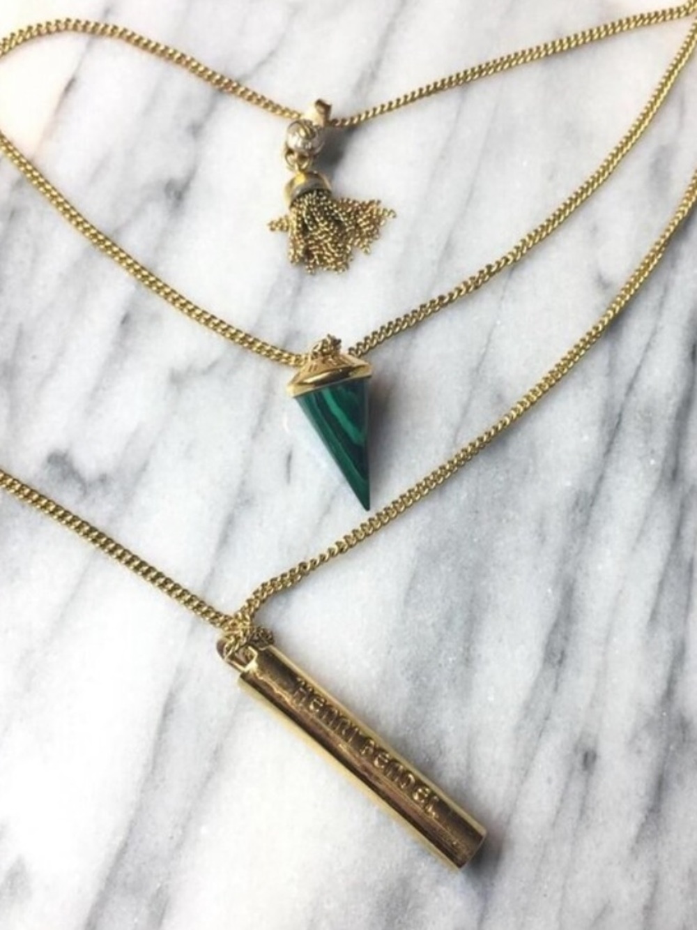 RARE Henri Bendel Necklace Stack Layer Gold Emerald Green Stone Bar Pendant EUC